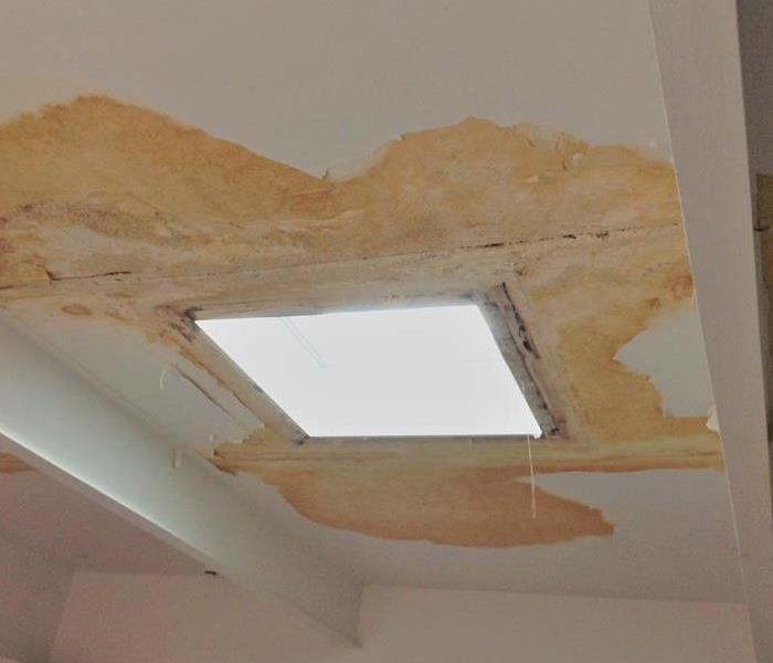 Skylight with severe water damage and discolored ceilings